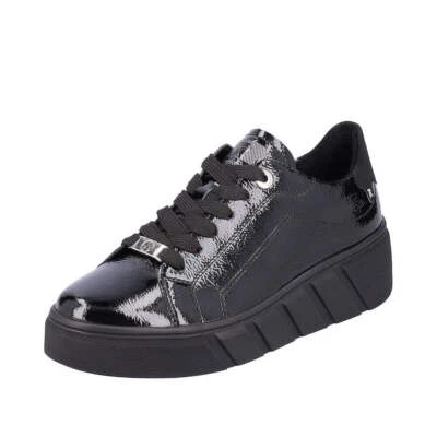 RIEKER LADIES SHOES Rieker W0501-00 Ladies Black Patent Leather Lace Up Trainers