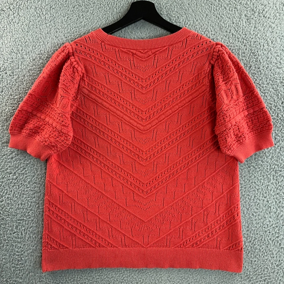 Suéter Ann Taylor LOFT Mujer Grande Coral Naranja Ojales Tejido Manga Abullonada DEFECTUOSO Foto 2 de 4