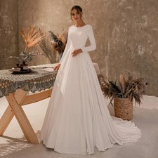 Customized Elegant Wedding Dresses Round Neck Long Sleeves A Line Sweep Train