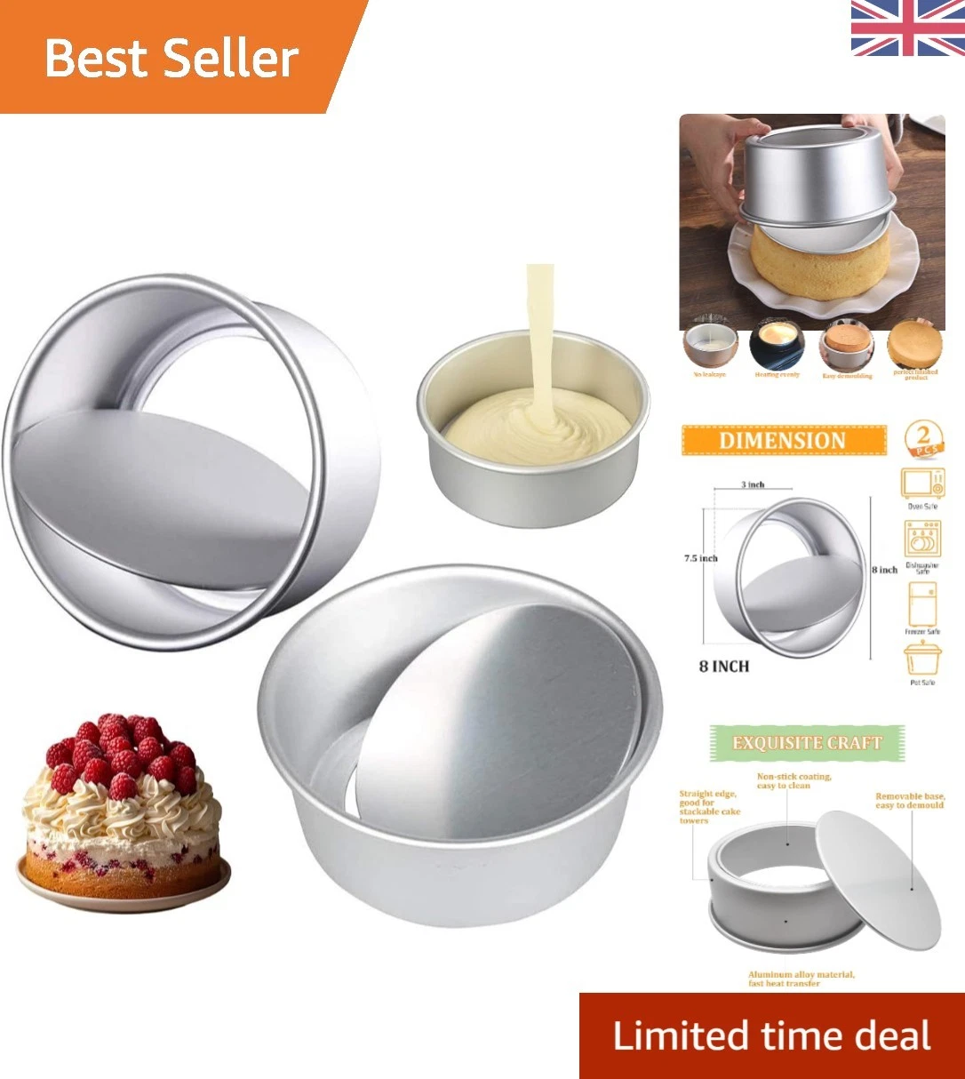 2 Pack 8 Inch Non-Stick Round Cake Tins with Removable Bottom - Perfect Bakeware