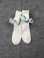 Vintage Nylon Socks Women 8-9.5 Coquette Cream Teal Frilly Church Lace Y2K Event