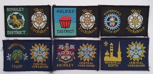 6 x Yorkshire Regions Boy Scouts District Double Badges Patches. Morley. Bingley