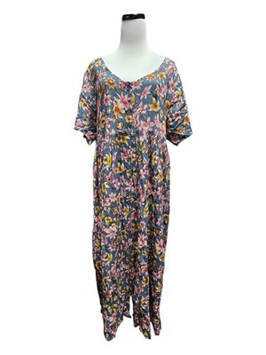 80s - 90s Sits floral crinkle-rayon loose-fit maxi dress . Medium / fits to 2XL 