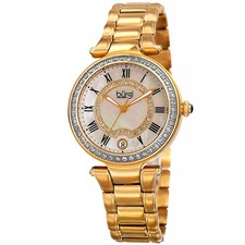 Burgi BUR165YG White MOP Dial Swarovski Bezel Gold Tone Bracelet Womens Watch