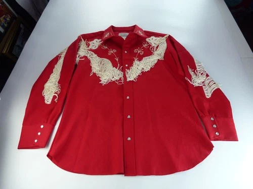 1960s Vintage H Bar C California Ranchwear Western Shirt Mens XXL Red Fringe