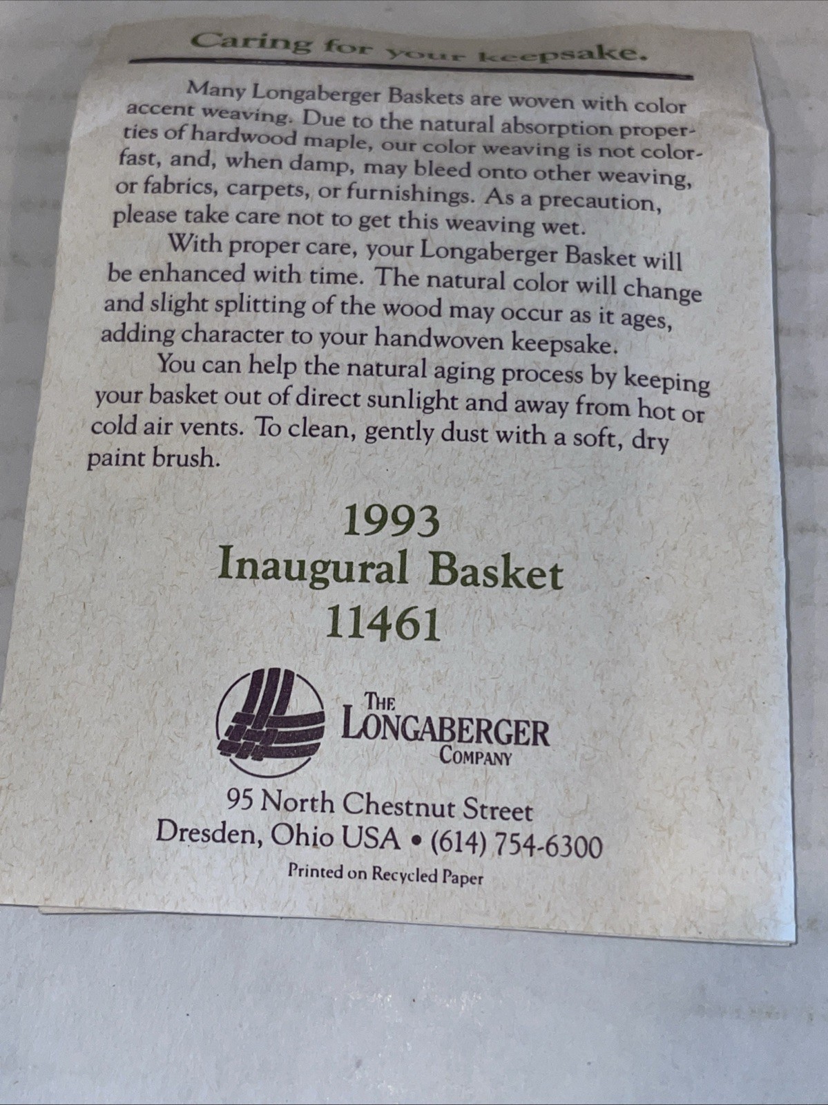 Longaberger 1993 INAUGURAL BASKET with Liner & Protector 