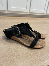Donald Pliner Women  s Dylan Cork Wedge Sandal Black Metallic Size 6