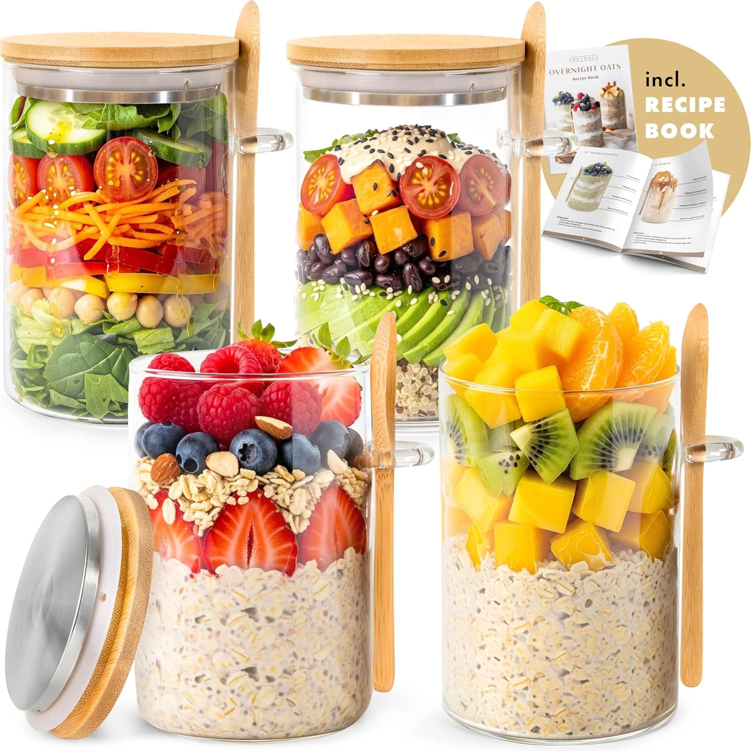 Overnight Oats Containers with Lids, Labels & Spoons (4 X 16Oz) Glass Jars for O