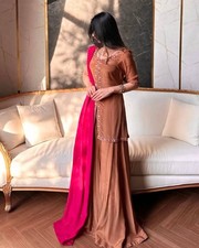 Heavy Natural Crep Silk Brown Top Palazzo With Dupatta For Women Party Wear