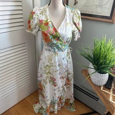 & Other Stories Dress 40 US Medium White Floral Midi Wrap Linen Feminine Romance