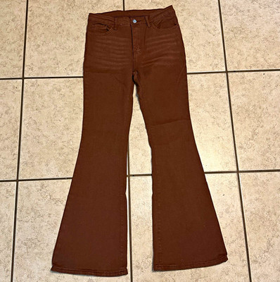 SheIn Womens Brown Flared Jeans Solid 5-Pocket Button Cotton Blend Size L