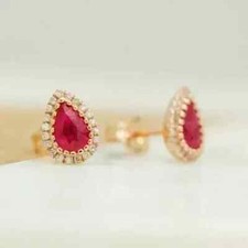Lab-Created Red Ruby Beauty Stud Earrings 2.00Ct Pear Cut 14K Yellow Gold Plated