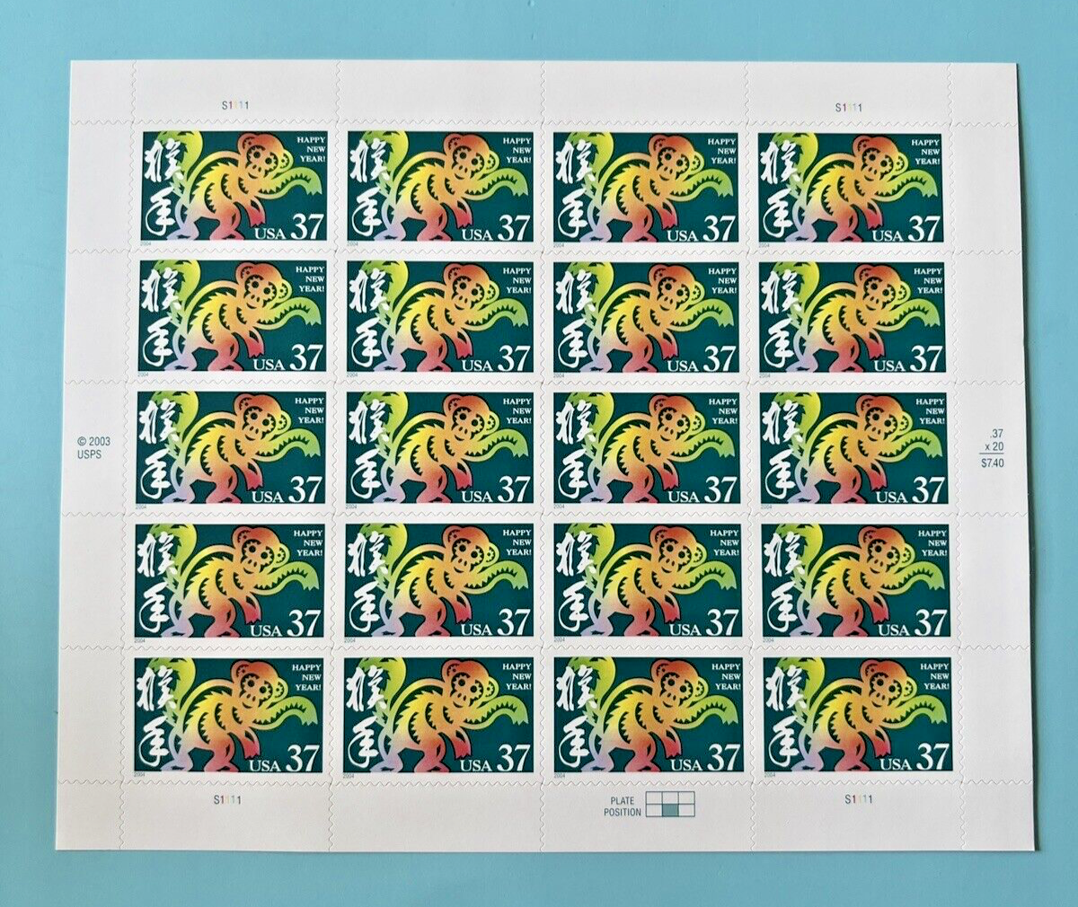 CHINESE LUNAR NEW YEAR OF THE MONKEY 37¢ 5 Sheets = 100 Stamps