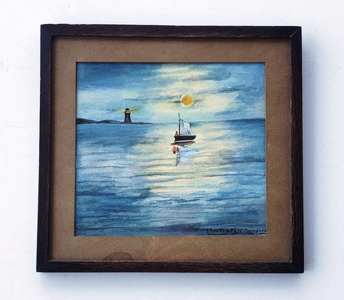 Antique 1923 Watercolor Maine Coastal Marine Sunset Landscape with Lighthouse