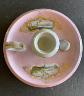 Pink Victorian Candle Holder Chamberstick Landscape HP Design Snuffer Porcelain?