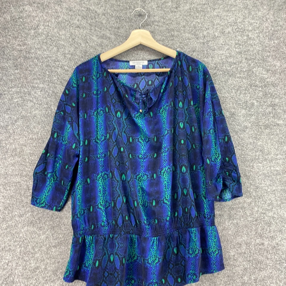 Blusa Liz Claiborne Mujer PXL Pequeña Azul Estampado Animal Cuello en V Manga 3/4 Informal Foto 3 de 4