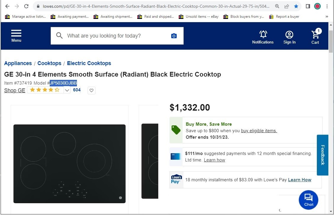 GE 30" Wide 4Element Smooth Surface (Radiant) Electric Cooktop