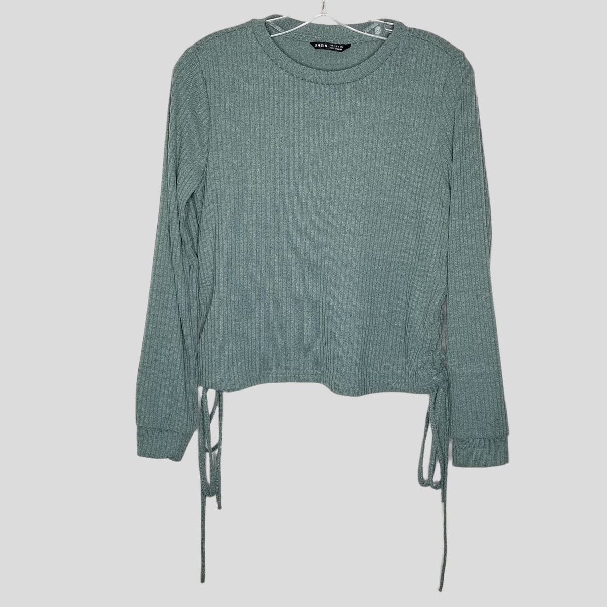 Shein Small Sea Green Ribbed Cinched Side Long Sleeve Top