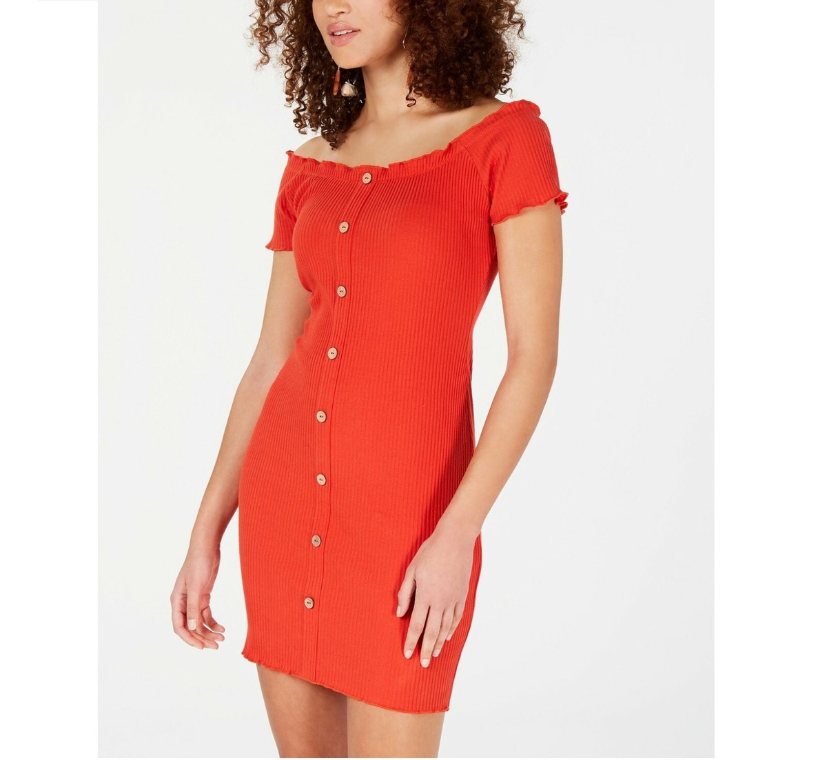 Rosie Harlow Junior Womens M Aurora Red Button Off The Shoulder Ribbed Dress  NWT | eBay