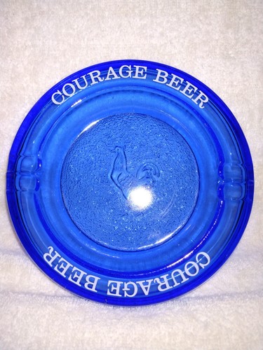 Vintage Advertising Glass Cobalt Blue COURAGE BEER Round Ashtray