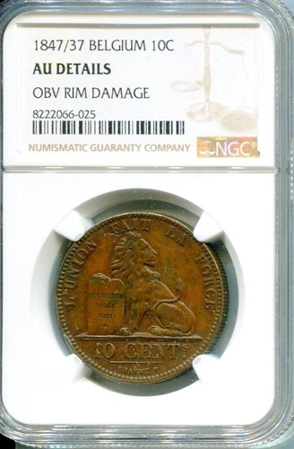 BELGIUM 1847/37 10 CENTS NGC AU DETAILS OBV. RIM DAMAGE