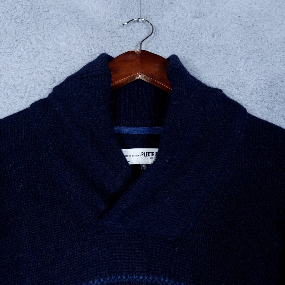 Ben Sherman Plectrum Sweater Men's 2XL Navy Ikat 100% Merino Wool Shawl Collar - Image 3 of 4