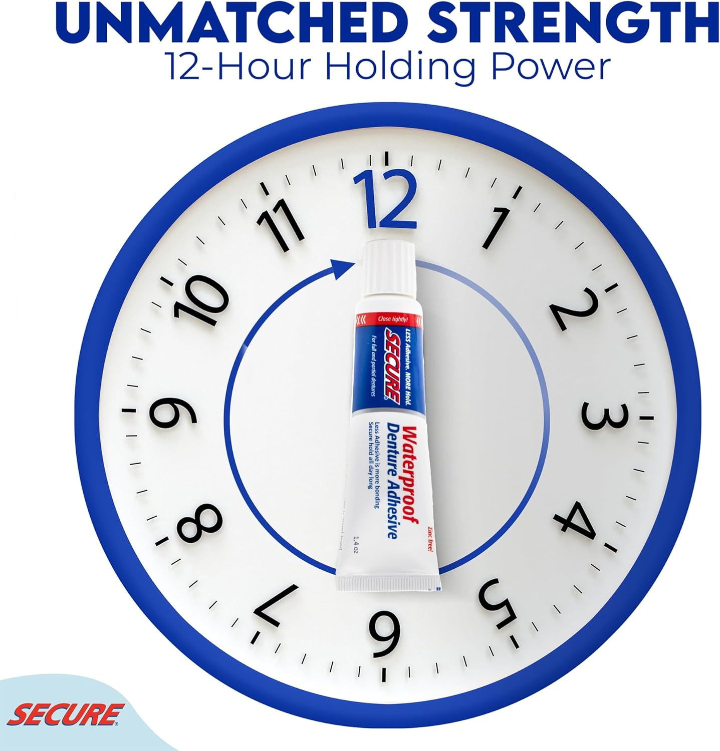 Secure Waterproof Denture Adhesive - Zinc Free - Extra Strong 12 Hour Hold - 1.4