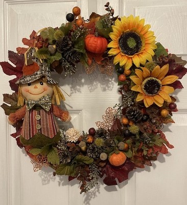 New Custom Thanksgiving Fall Scarecrow Wreath! Pumpkins, Sunflowers, Pinecones.