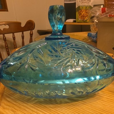 Vintage Hazel Atlas Capri Blue Glass Candy Dish Starburst Triangle Lid MCM Retro