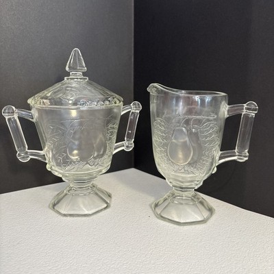 Vintage Clear Jeanette Glass ''Baltimore Pear'' Sugar and Creamer Set 