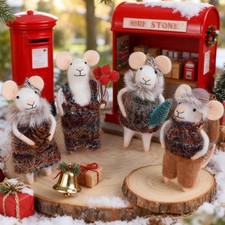 Set of 4 Christmas Felt Ornaments, 5" Mini Mice with Brown Sweater for Christ...