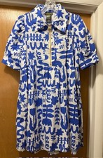 Pre-Owned Nooworks Medium Santorini Escape Blue & White Print Zip Shirtdress