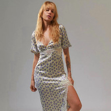 Urban Outfitters Ivory/Blue Floral Lace Trim Slip Midi Dress S V-Neck Slit small