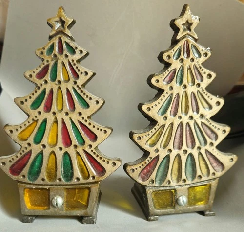 2 "Vintage Tiffany Style Stained Glass Christmas Tree Cast Iron Candle Holder