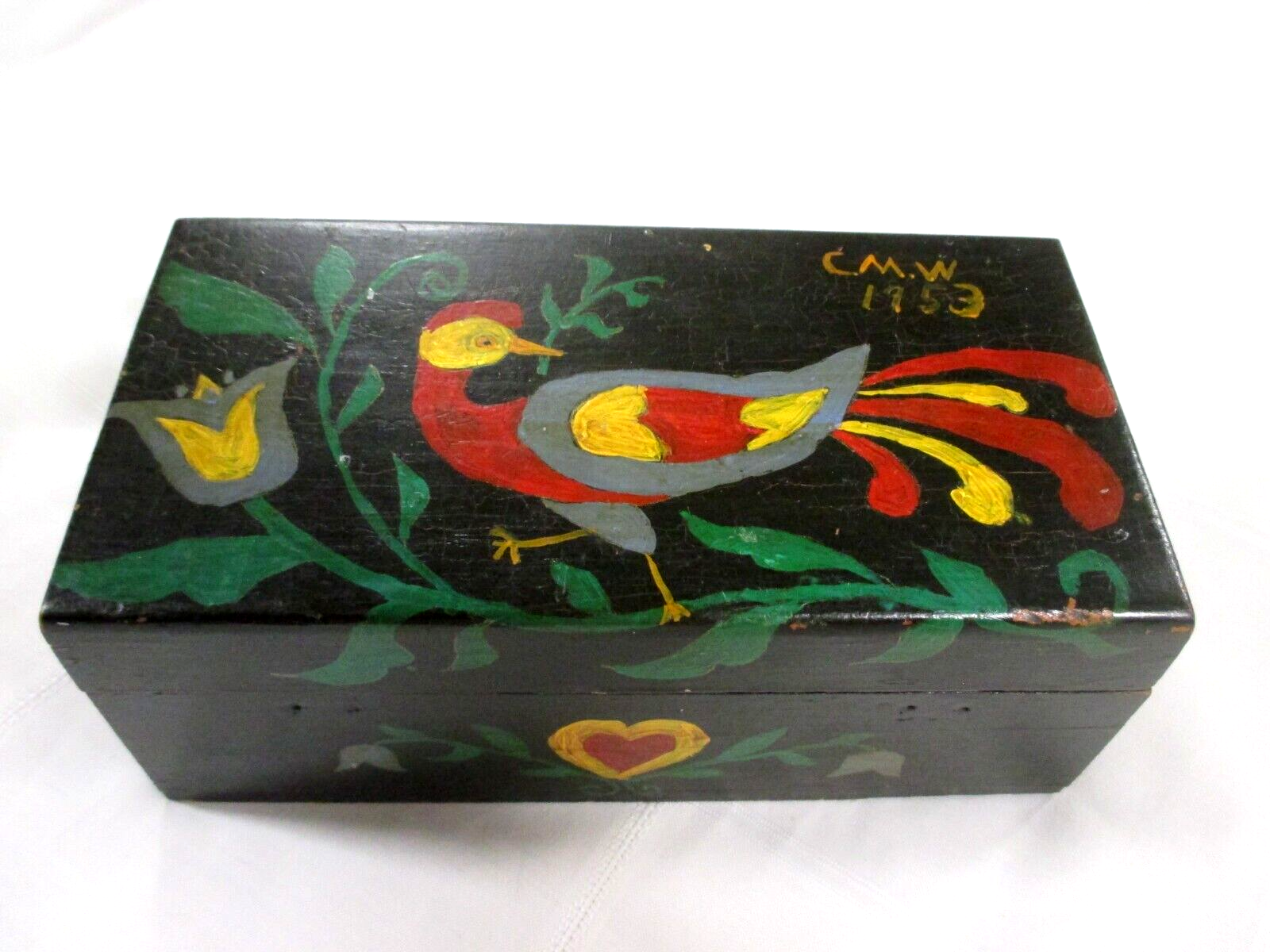 Vintage 1953 MCM Dutch Folk Art Hand-Painted Wood Recipe Trinket Box CMW