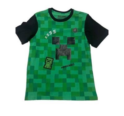 NWT Minecraft Boys' Creeper Pixel Squares Face Graphic Ringer T-Shirt,