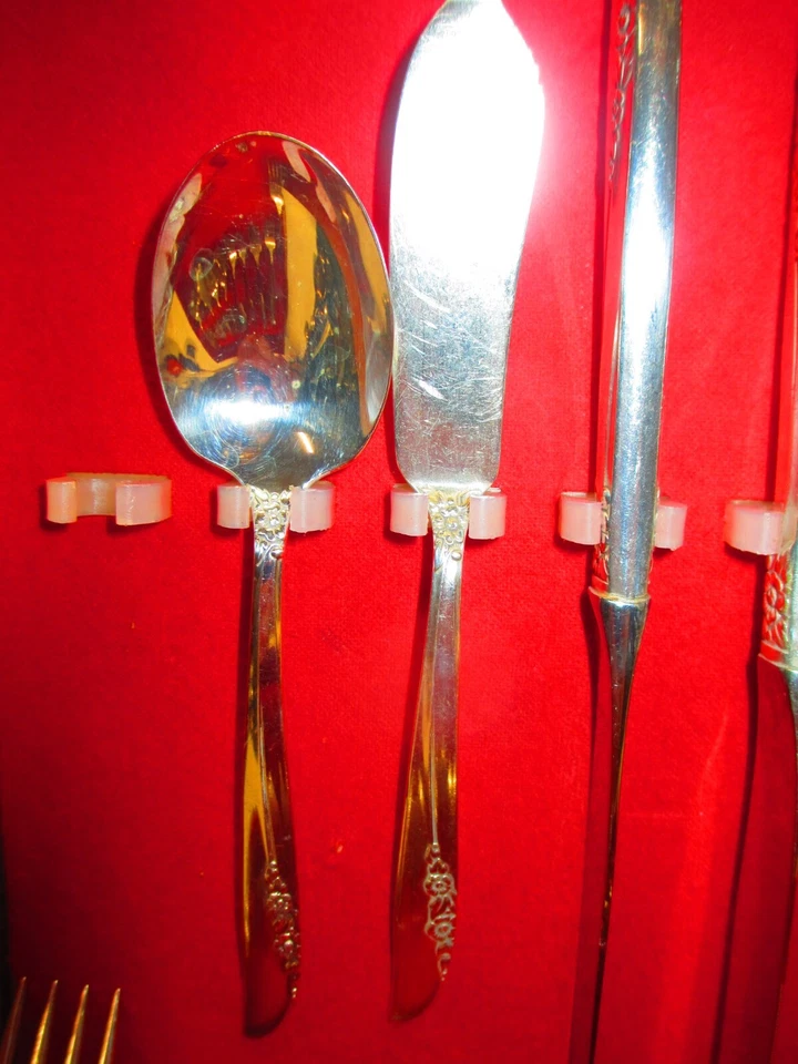 1881 Rogers Oneida LILAC TIME cubiertos plateados -61 piezas con juego de cofre de madera Foto 4 de 4