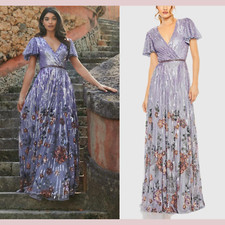 NWT $798 Mac Duggal [ 4 ] 5637 Flounce Sleeve V Neck Gown A Line Lilac #J747