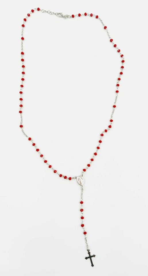 COLLANA A ROSARIO IN ARGENTO 925 RODIATO IN ORO 18KT E PIETRE ROSSE - Immagine 3 di 4