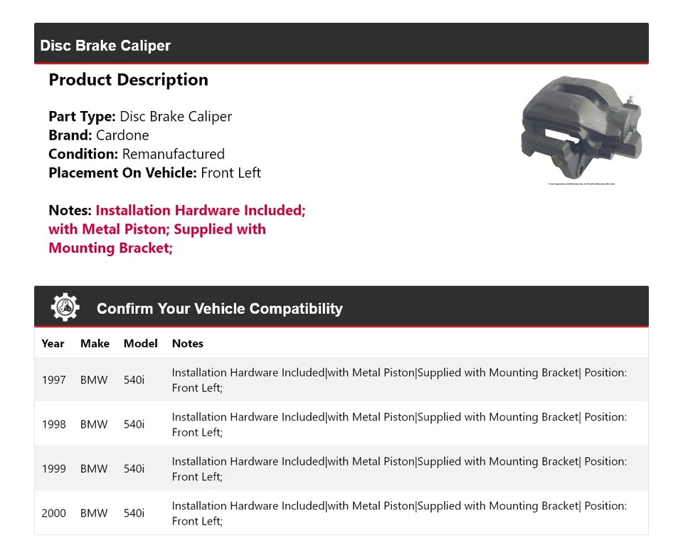 For 1997-2000 BMW 540i Disc Brake Caliper Front Left Cardone 1998 1999 - Image 2 of 4