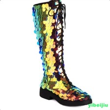 Womens Knee High Boots Zip Performance Stage Sequins Shiny Low Chunky Heel Shoes