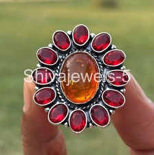 Baltic Amber, Red Garnet Gemstone Cluster Ring 925 Sterling Silver Jewelry S8