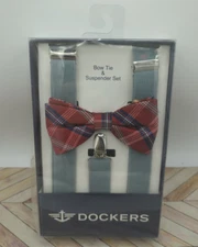 Dockers Men's Plaid Bow Tie & Gray Suspenders Set New