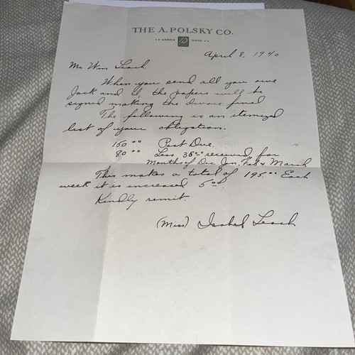 Snarky 1940 Divorce Letter on Letterhead of A Polsky Drygoods Co - Akron Ohio OH