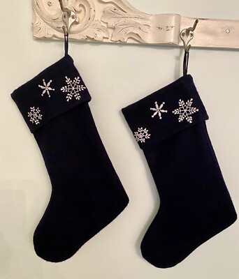 Wool Christmas Stockings Set of Two (2) Navy Blue White Embroidered Snowflakes