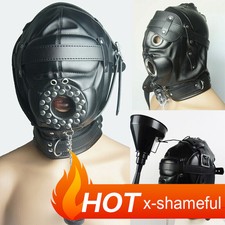 PU Leather Head Hood Harness Headgear Mask Irrigation Funnel Open Mouth Eyes