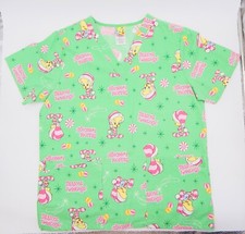 Warner Bros Tweety Scrub Top Seasons Tweetings Green Looney Tunes V-Neck Small