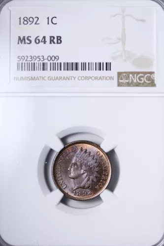 BU 1892 Indian Head Cent Penny NGC MS64 RB Gorgeous Purple Toning! KNPM