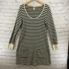 Gap Body Sweater Dress Womens Sz M Black White Stripes Long Sleeve Pockets