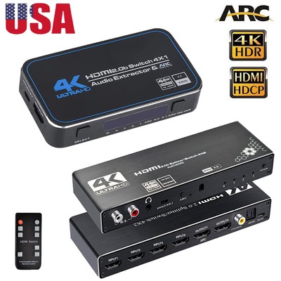 4K/60Hz HDMI Switch Switcher 4x1 4x2 HDR Audio Extractor with ARC & IR Remote US